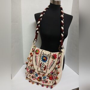 Evelyn K Vintage -Styled Hand-Embroidered Boho Hobo Women Pom-Pom Shoulder Purse